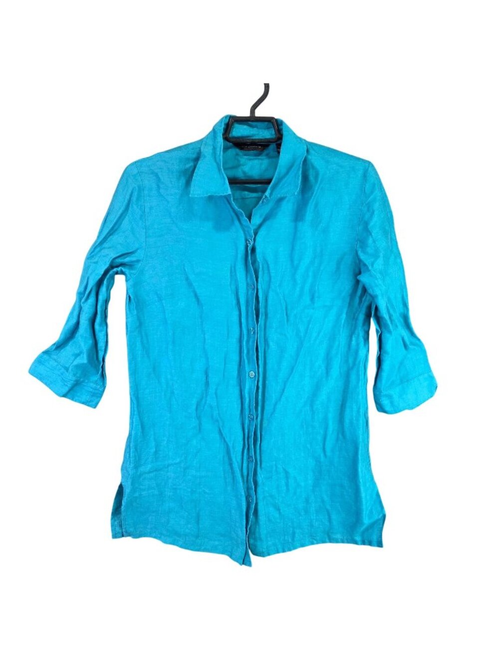 Womens Investments Teal Blue Tunic Linen Blend Button Up Shirt 3/4 Sleeve 12